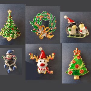 Christmas Themed Brooch Pins Wreath, Snowman, Tree, Reindeer, Panda 1" to 2" High