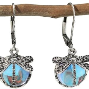 Dragonfly Drop Earrings with Moonstone Inlaid Metal Carving Women Jewelry