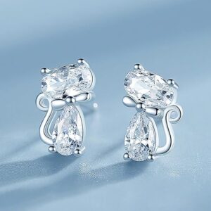 Cat Kitten Shaped Stud Earrings Silver Color Shiny Cubic Zirconia Women's Jewelry